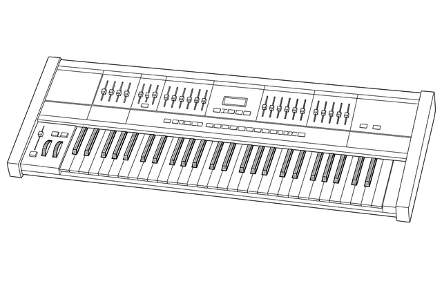 Technical line drawing of a Roland Juno-106-style programmable analog synthesizer
