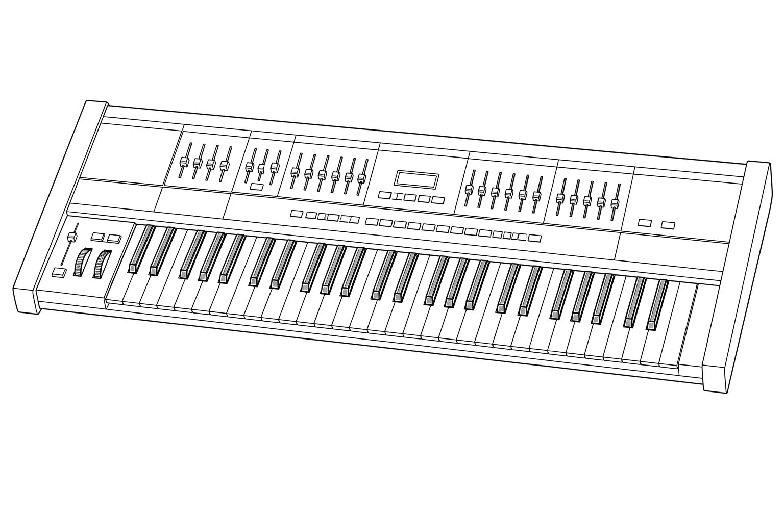 Technical line drawing of a Roland Juno-106-style programmable analog synthesizer