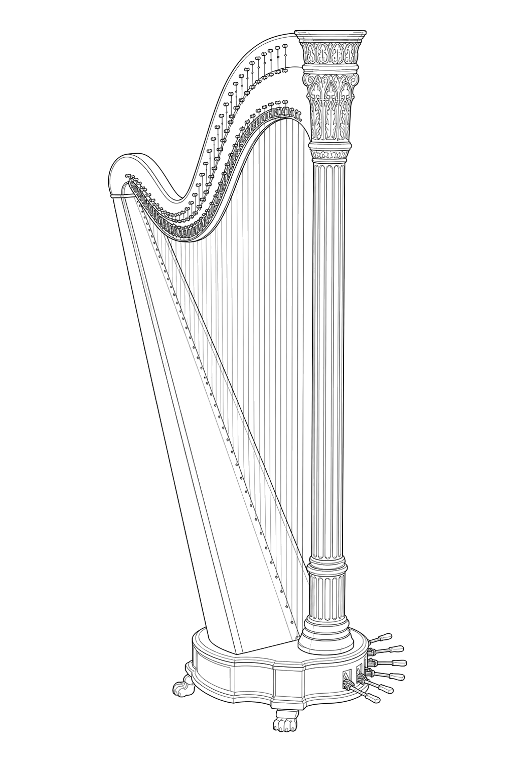 Technical line drawing of Erard Grecian Harp