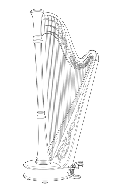 Technical line drawing of Lyon & Healy Style 85 E
