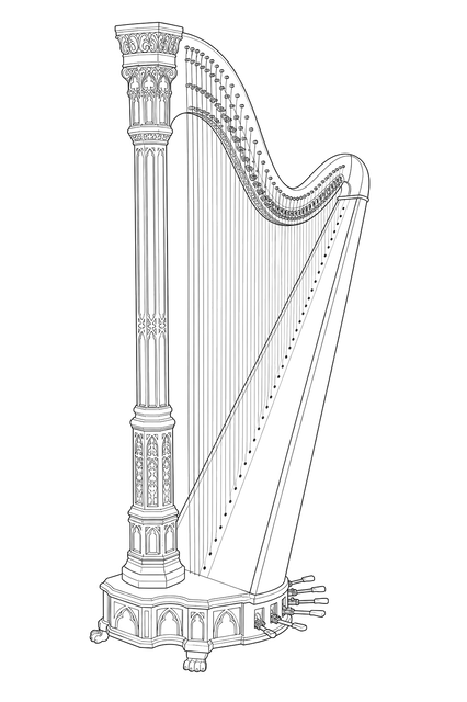 Technical line drawing of Erard Gothic Harp