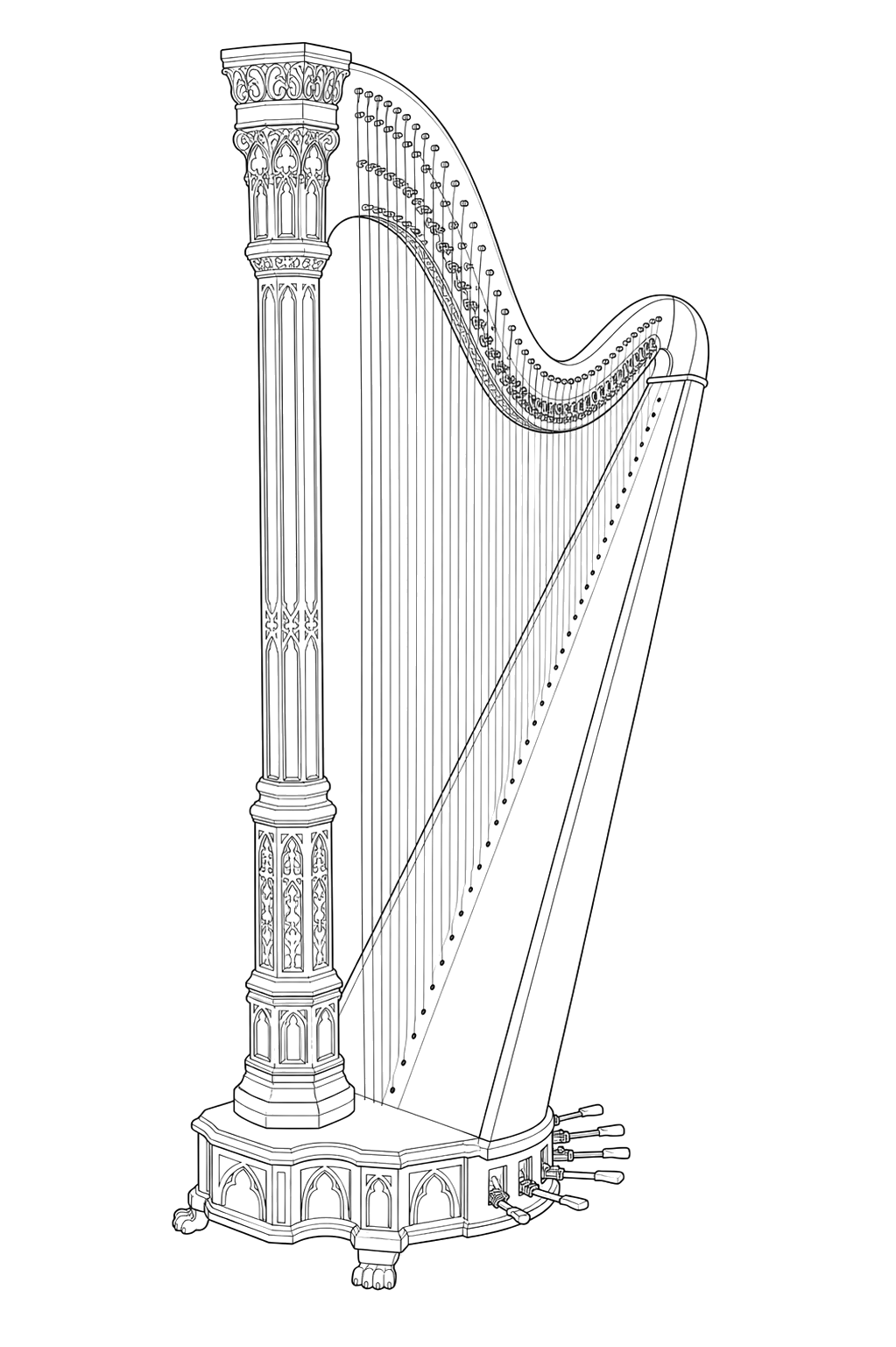 Technical line drawing of Erard Gothic Harp