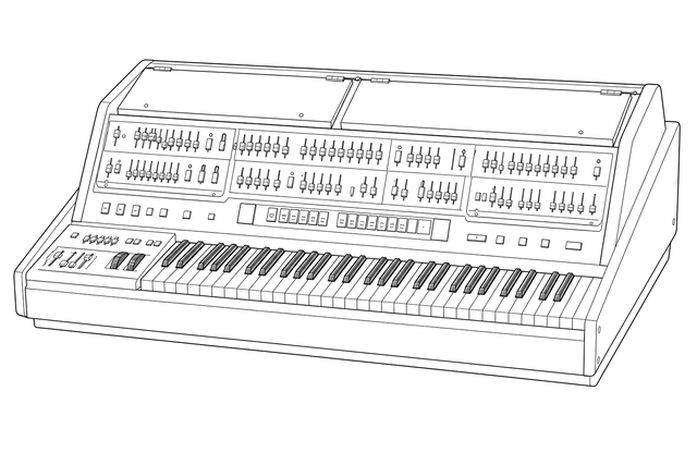 Technical line drawing of a Yamaha CS-80-style vintage polyphonic synthesizer