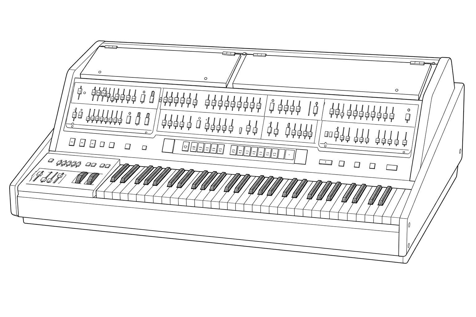 Technical line drawing of a Yamaha CS-80-style vintage polyphonic synthesizer