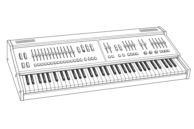 Technical line drawing of ARP String Synthesizer