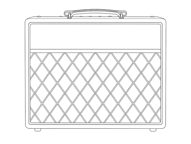 Technical line drawing of Vox VT20X Classic Blue