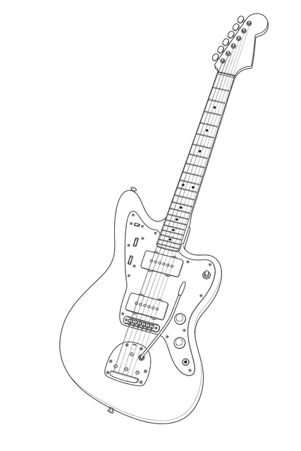 Technical line drawing of a Fender Jazzmaster-style offset electric guitar