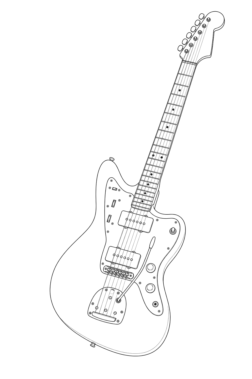 Technical line drawing of a Fender Jazzmaster-style offset electric guitar