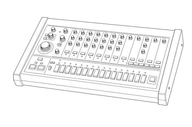 Technical line drawing of Roland TR-808