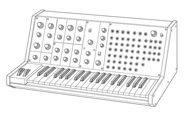 Technical line drawing of a Korg MS-20-style semi-modular analog synthesizer