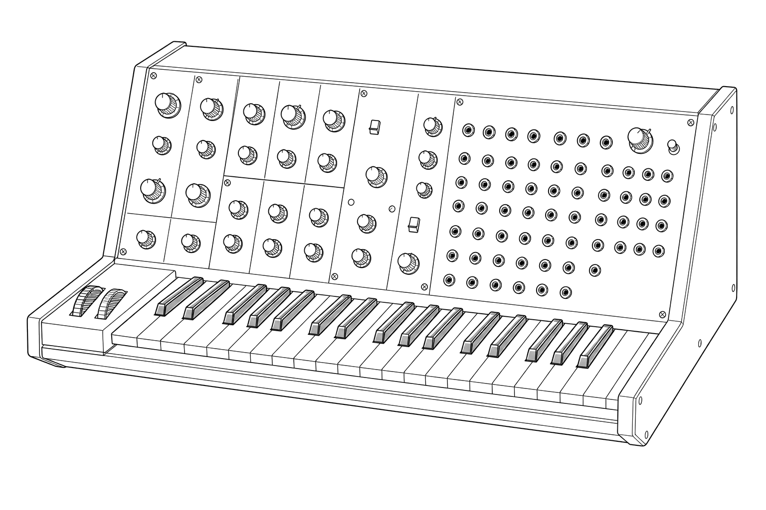 Technical line drawing of a Korg MS-20-style semi-modular analog synthesizer