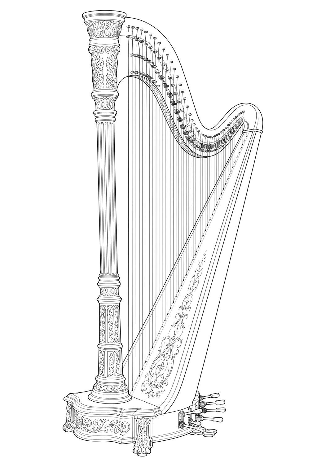 Technical line drawing of Lyon & Healy Style Pedal Harps