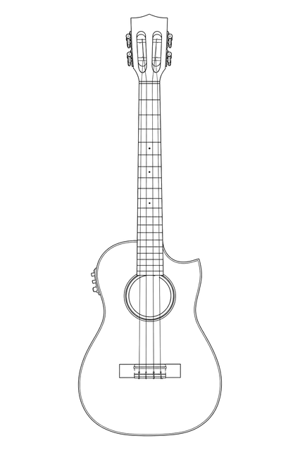 Technical line drawing of Kala KA-ASFM-B-CE Flame Maple Cutaway Baritone
