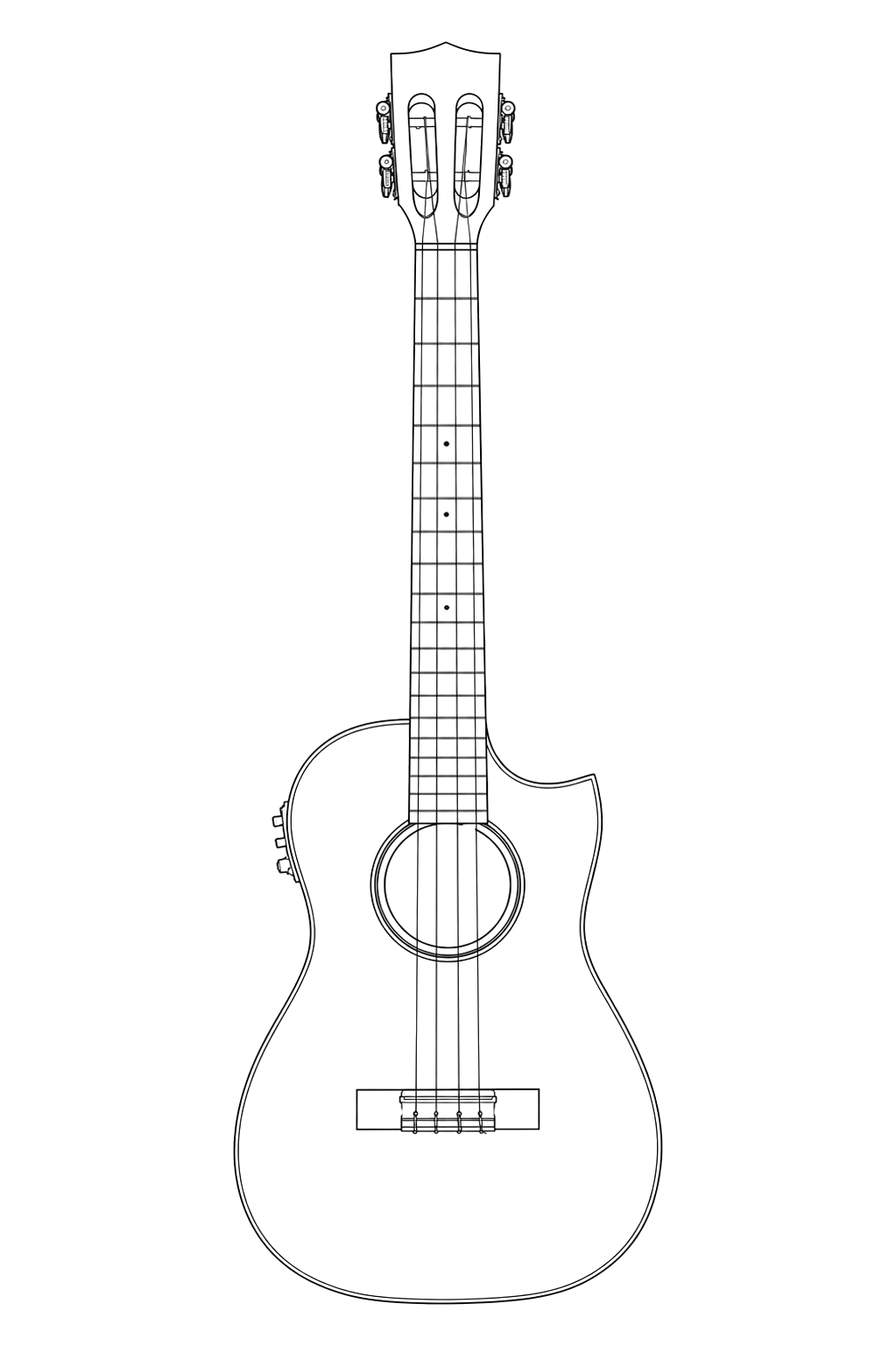 Technical line drawing of Kala KA-ASFM-B-CE Flame Maple Cutaway Baritone