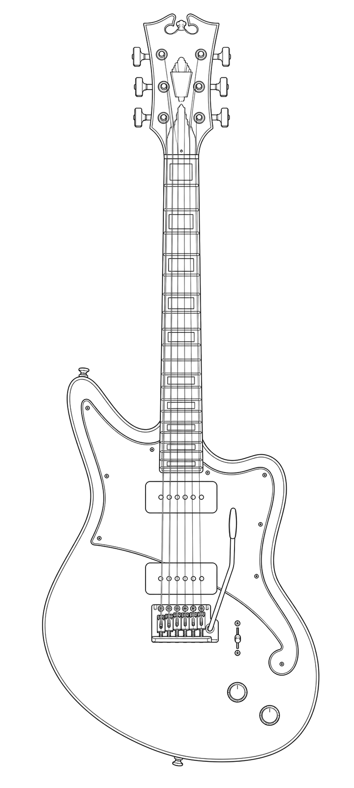 Technical line drawing of D'Angelico Deluxe Bedford