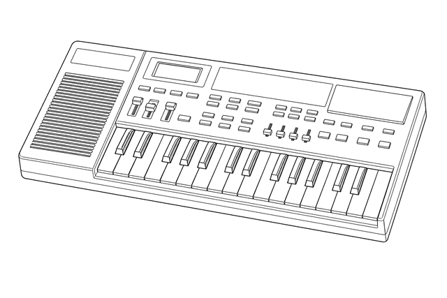 Technical line drawing of a Casio SK-1-style small sampling keyboard