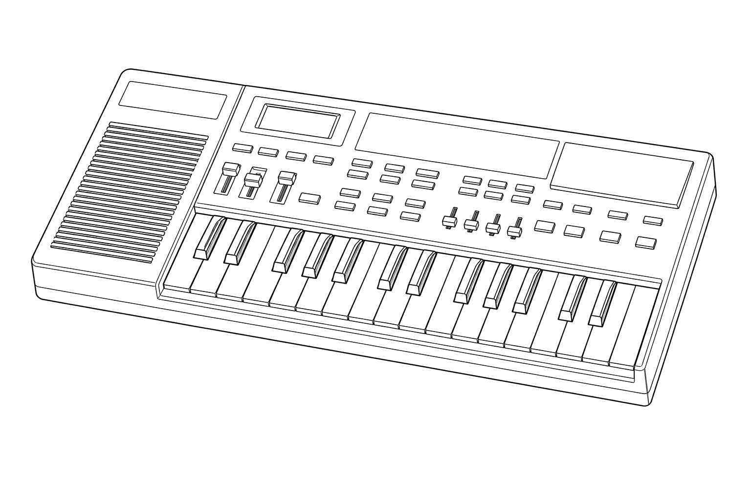 Technical line drawing of a Casio SK-1-style small sampling keyboard