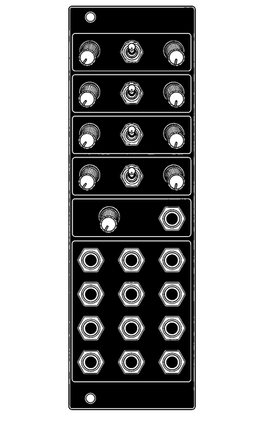 Technical line drawing of ADDAC104 VC T-Networks Eurorack module