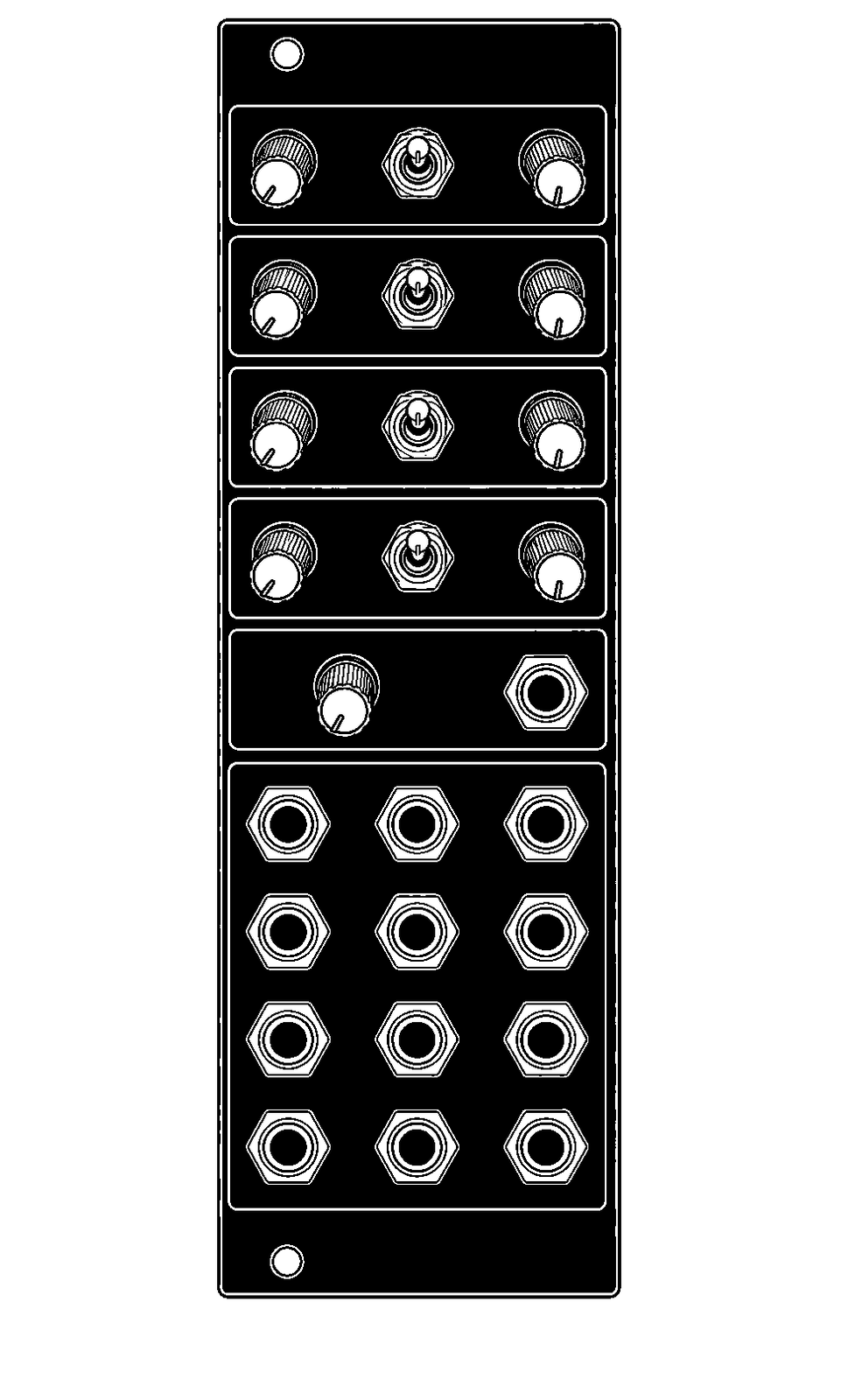 Technical line drawing of ADDAC104 VC T-Networks Eurorack module