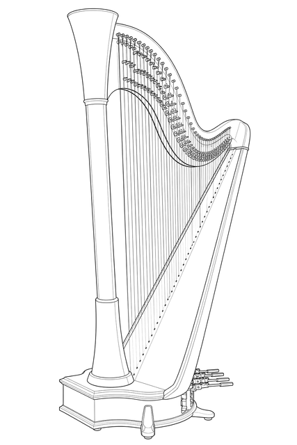 Technical line drawing of Camac Blue Pedal Harp Family