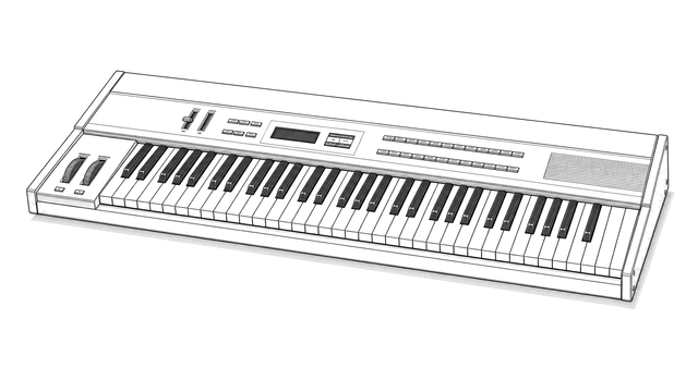 Black technical line drawing of a Yamaha DX7-style digital synthesizer